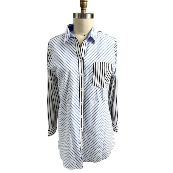 NWT Chico’s No-Iron Mixed Stripe Tunic / Shirt Chico SZ 3, Blue / Black / White - Picture 1 of 3